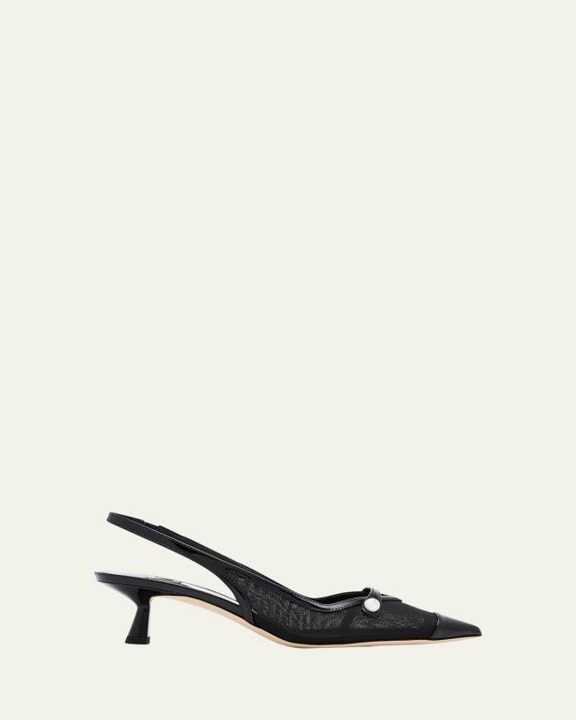 Amita Mesh Pearly-Strap Slingback Pumps
